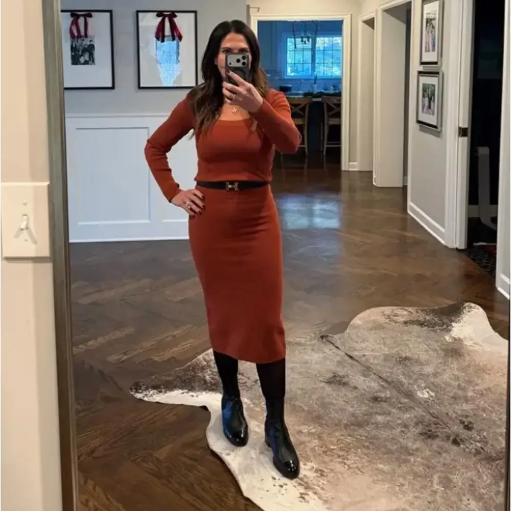 Toccin Rust Brown Midi Ribbed Knit Dress SMALL Career Bodycon Work Designer $325 - Picture 7 of 14